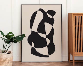 Black Beige Abstract Art Print: Mid Century Modern (Instant Download)