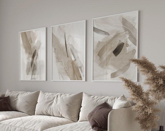 Beige Gray Abstract Gallery Wall Art, Set of 3 Neutral Watercolor ...