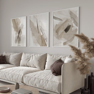 Beige Grigio Astratto Galleria Arte Murale, Set di 3 Stampe Acquerello Neutro, Set di Stampe Nordiche Moderne per Soggiorno, Pennellate Contemporanee
