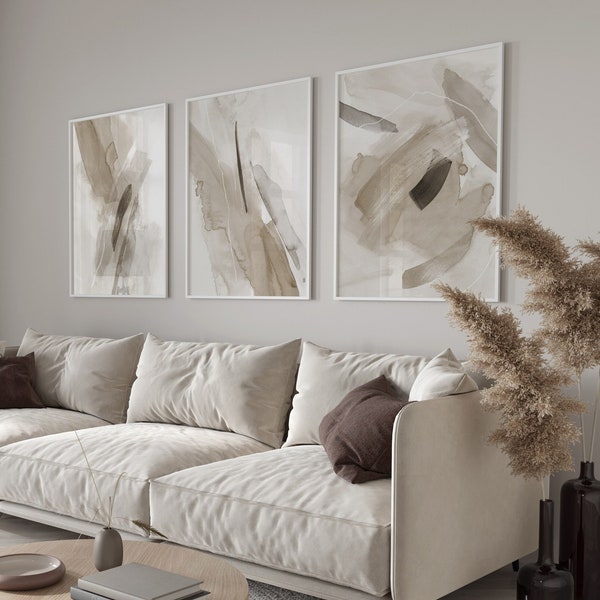 Beige grijze abstracte galerij kunst aan de muur, set van 3 neutrale aquarelprints, moderne Scandinavische printset voor woonkamer, hedendaagse penseelstreken