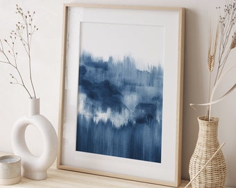 Blue Abstract Brush Strokes Print, Indigo Watercolor Painting Digital Download, Minimalist Navy Blue Picture, Modern Hamptons Style Decor