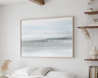 Minimalist Coastal Watercolor, Abstract Beach Landscape, Seascape Instant Download, Horizontal Ocean Painting, Above Bed Abstract Landscape