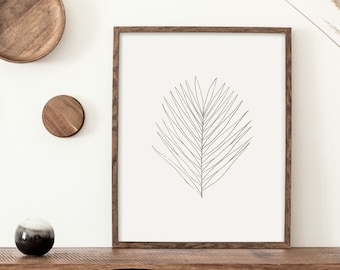 Printable Beige Leaf Line Drawing, Palm Frond Drawing Wall Art, Modern Botanical Sketch, Minimalist Leaf Prints For Entryway