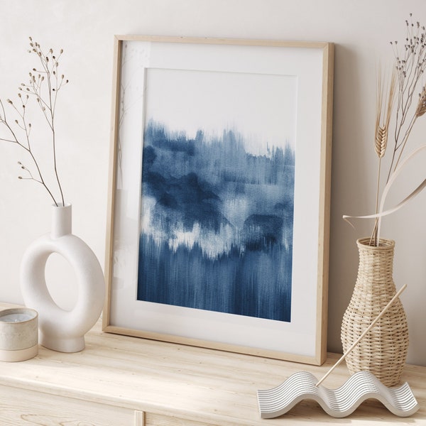Blue Abstract Brush Strokes Print, Indigo Watercolor Painting Digital Download, Minimalist Navy Blue Picture, Modern Hamptons Style Decor