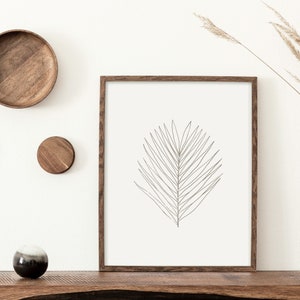 Dibujo lineal imprimible de hoja, Dibujo botánico moderno de hojas, Arte de pared hoja de palmera, Cartel planta minimalista para la cocina