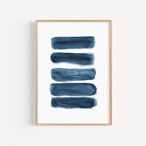 Impresión de trazos azul marino, Impresión rayas abstractas de acuarela, Pintura grande de pinceladas, Cuadro contemporáneo descargable