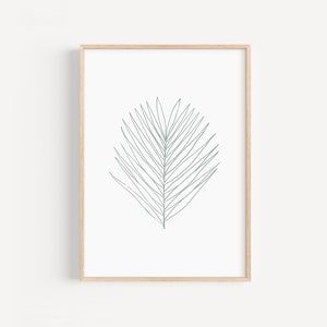 Dibujo lineal de hoja tropical, Arte imprimible minimalista de hojas, Cartel de arte lineal botánico, Impresión verde y blanca de hoja