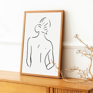 Black and white female silhouette line sketch, Feminine body line art download, Woman back printable line drawing for bedroom