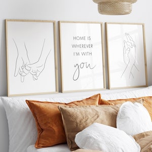 Couple Printable Set of 3, Master Bedroom Signs Above the Bed, 3 Piece Line Drawing, Romantic Wall Gallery, Newlyweds Living Room Wall Art