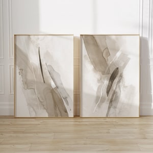 Conjunto de 2 pinceladas de aquarela, impressões artísticas de pinceladas bege e marrom, conjunto de impressões escandinavas neutras, conjunto de pinturas abstratas modernas para impressão