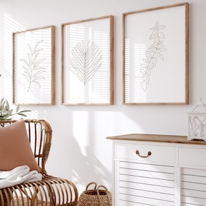 Conjunto de dibujos lineales de plantas, Arte lineal botánico descargable, Carteles de hojas beige para habitación
