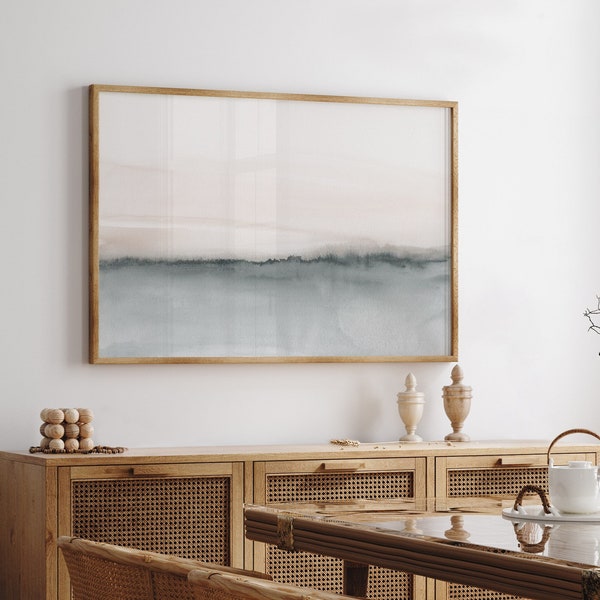 Paysage marin abstrait gris aquarelle imprimable, paysage marin moderne en téléchargement numérique, peinture imprimable minimaliste côtière pour salon