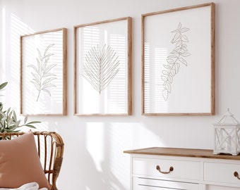 Set of 3 plant line drawings, Downloadable botanical line art, Beige plant sketch for bedroom, Minimalist botanical leaves poster
