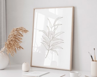 Arte botánico de línea neutro, Impresión dibujo hoja abstracta, Arte minimalista rama de eucalipto, Dibujo lineal neutro para dormitorio