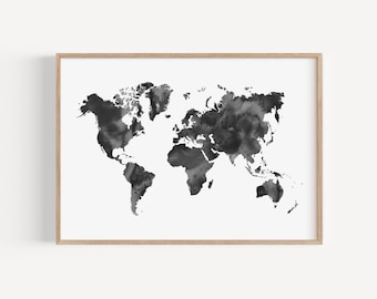 Printable World Map, Watercolor Travel Map, Black And White World Map, World Map Poster, Scandinavian Print, Wanderlust, Printable Large Map