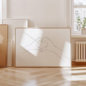 Arte de línea corazón de manos, Dibujo descargable manos de pareja, Ilustración lineal de manos, cartel minimalista de San Valentín