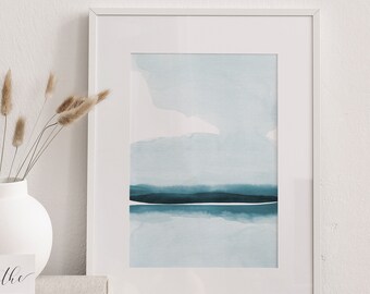 Downloadable Abstract Seascape, Teal Coastal Watercolor, Minimal Seaside Landscape, Abstract Ocean Landscape Digital Download