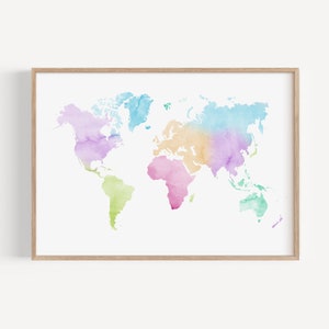 Watercolour World Map, Colorful World Map, Printable Watercolor Map ...