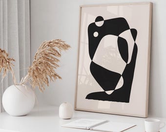 Black and Beige Abstract Poster, Mid Century Art Print Digital Download, Modern Geometric Print, Minimalist Living Room Wall Art Decor