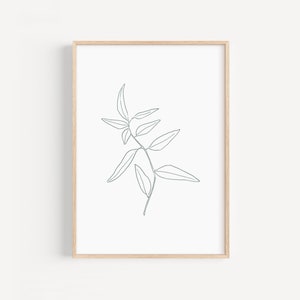 Dibujo lineal de planta descargable, Arte lineal botánico verde, Impresión minimalista de dibujo de hoja, Cuadro rama para dormitorio