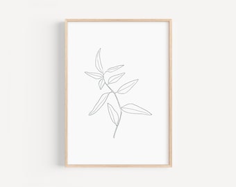 Sage green botanical line art, Minimalist leaf drawing print, Digital download plant line drawing, Botanic line prints for bedroom