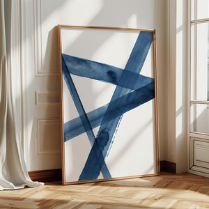 Cartel de pinceladas minimalistas, Descarga digital de pintura de trazos, Impresión moderna de líneas azules, Acuarela azul para comedor