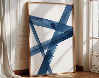 Traits abstraits peignant le téléchargement numérique, impression moderne de ligne bleu foncé, art mural minimaliste de coups de pinceau, aquarelle bleu marine pour la salle à manger