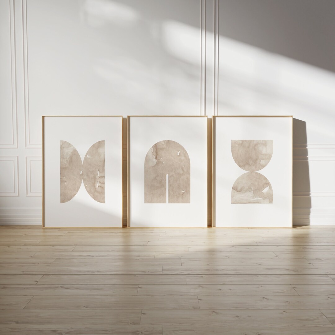 Mid Century Beige Printable Wall Art Set of 3, Minimalist Geometric ...