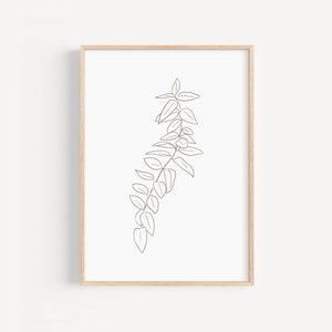 Dibujo lineal botánico neutro, Cartel imprimible de hojas abstractas, Dibujo botánico grande, Lámina descargable plantas para dormitorio