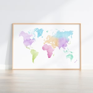 Mapamundi Multicolor, Mapa Descargable, Lamina Mapa Acuarela, Mapamundi Imprimible, Mapa del Mundo Horizontal, Mapa Acuarela Minimalista