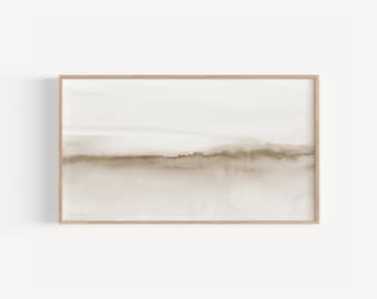 Neutral frame TV art seascape, Minimalist TV background download, Abstract coastal watercolor painting for Samsung Tv, Ocean landscape TV