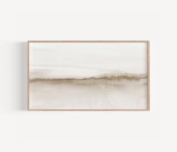 Neutral frame TV art seascape, Minimalist TV background download, Abstract coastal watercolor painting for Samsung Tv, Ocean landscape TV