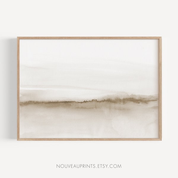 Download sepia watercolor seascape, Soft beach landscape painting, Neutral beige coastal art print, Beige minimalist printable painting