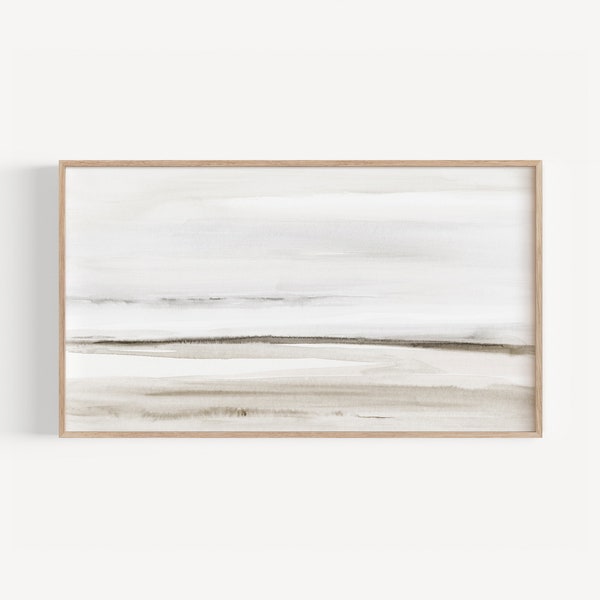 Samsung frame art TV coastal abstract landscape, TV screen nordic watercolor ocean, Neutral beige abstract Tv painting, Modern TV background
