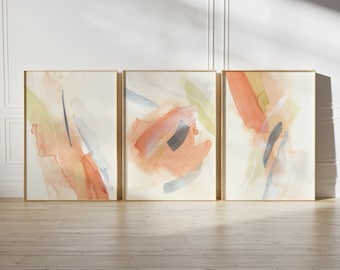 Set of 3 Abstract Shapes Wall Prints, Soft Tones Printable Wall Art, Modern Brush Strokes Painting, Large Minimalist Watercolor Print Set