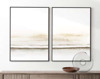 Minimalist coastal painting printable set of 2, Abstract ocean watercolor art print set, 2 art print neutral landscape for bedroom decor