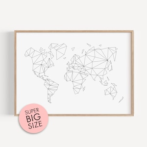 Minimale moderne Weltkarte Poster, geometrische Weltkarte Wandkunst, Linienzeichnung Weltkarte, extra große schwarzweiße druckbare Karte