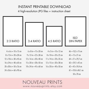 K&ouml;nnte beinhalten: Druckbare Kunstdruckgr&ouml;&szlig;en in Zoll und Zentimetern. Das Bild zeigt vier verschiedene Seitenverh&auml;ltnisse: 2:3, 3:4, 4:5 und ISO DIN Papierformate. Der Text "INSTANT PRINTABLE DOWNLOAD" befindet sich oben im Bild. Der Text "NOUVEAU PRINTS" befindet sich unten im Bild.