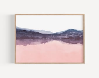 Abstract Watercolor Landscape Printable Wall Art, Pink and Blue Wall Art, Modern Watercolor Painting Download, Abstract Landscape Artwork