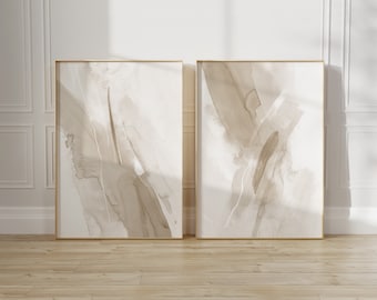 Set of 2 Abstract Nordic Prints, White Beige Brush Strokes Wall Print, Neutral Tone Aesthetic Wall Art, Minimalist Printable Bedroom Artwork