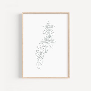 Dibujo lineal de hojas imprimible, Arte de líneas botánico verde, Dibujo botánico minimalista descargable, Cartel de plantas para lavadero