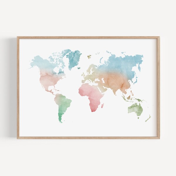 Watercolors World Map, World Map Art, Printable World Map, Watercolour Travel Map, Art Map of the World, Wanderlust, Abstract Travel Map