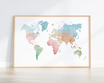 Pastell Aquarell Weltkarte Poster, abstrakte Weltkarte Digitaldruck, Reise Thema Wandkunst, minimalistische Weltkarte Digitaler Download