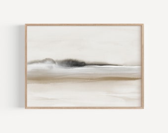 May include: Abstract watercolor painting in shades of gray, white, and brown. The painting depicts a landscape with a horizon line and a subtle, hazy sky.