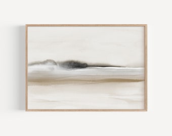 Beige and Black Printable Seascape, Large Beach Painting, Coastal Wall Decor, Modern Minimalist Abstract Art, Ocean Abstract Watercolor