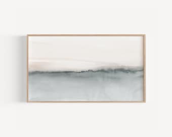 サムスンフレームTVアート抽象風景、落ち着いた風景TVアートダウンロード、ニュートラルなモダンTVアートワーク、ミニマリストグレーオーシャンペインティング