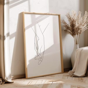 手を繋ぐアートプリント、手のイラスト、スケッチ、カップル、愛、手を繋いで、ミニマリストプリント、現代的な線画、寝室の装飾