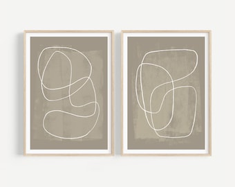Kontinuierliche Linie Kunstdruck 2er-Set, moderne abstrakte Wandkunst Digitaler Download, 2er-Set Kringeldrucke, Wohnzimmer Minimalistische Wanddekoration