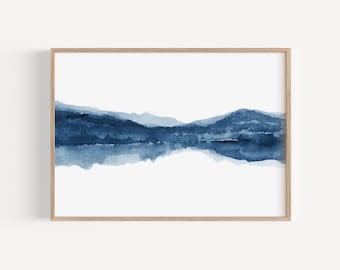 Watercolor Print, Dark Blue Wall Art, Minimal Wall Art, Printable Watercolor, Navy Blue Abstract Painting, Large Wall Art, Instant Download