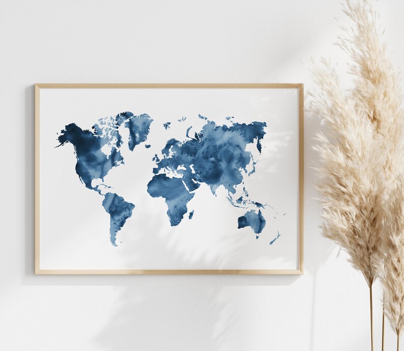 Blue World Map Print, Watercolor World Map Wall Art, Minimalist Navy ...